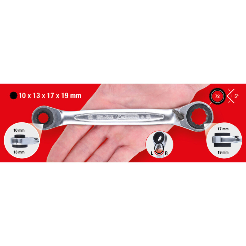 4 in 1 GEARplus Reversing Double Ratchet Ring Spanner, 8x10+12x13mm